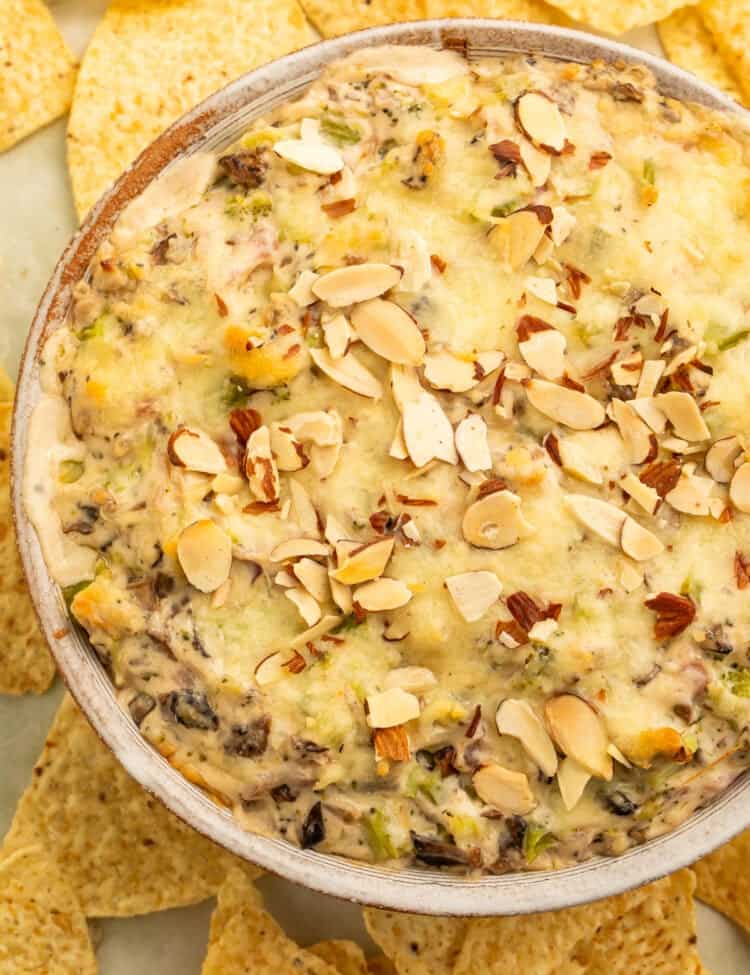 Overhead view of a baked broccoli cheese dip topped with toasted sliced almonds and surrounded by tortilla chips for servin