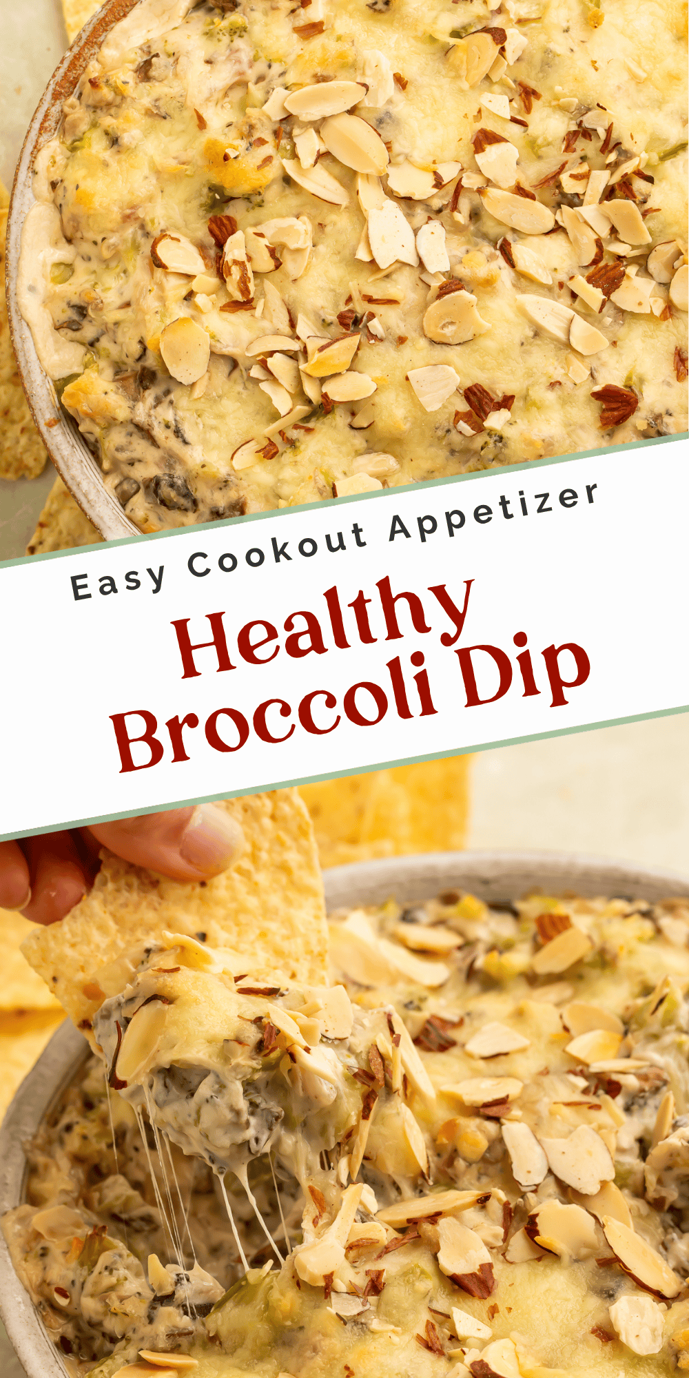 Baked broccoli cheese dip topped with toasted sliced almonds and melted cheese with a tortilla chip scooping up a cheesy bite