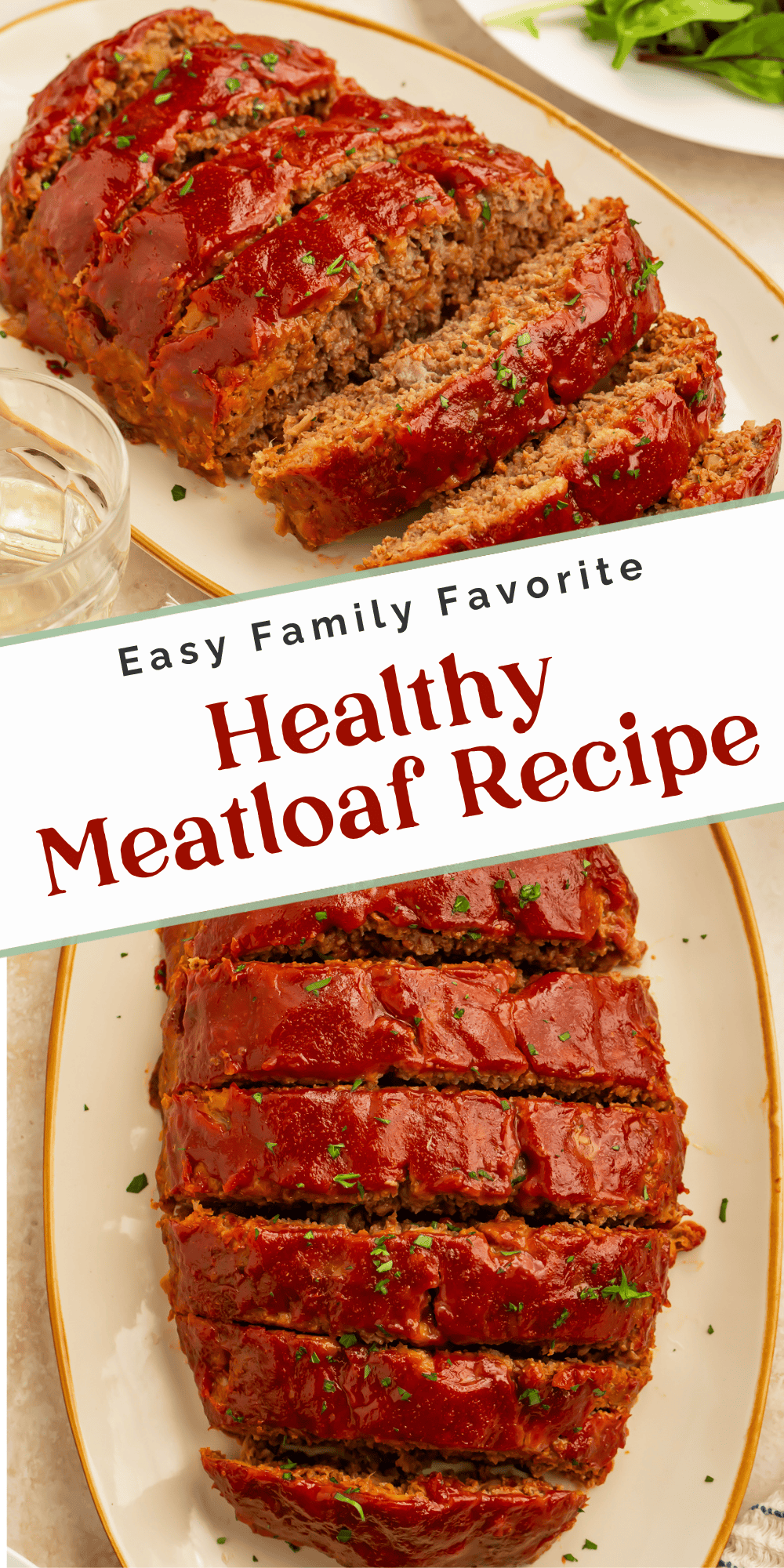 Collage featuring sliced healthy meatloaf with a glossy tomato glaze and fresh parsley