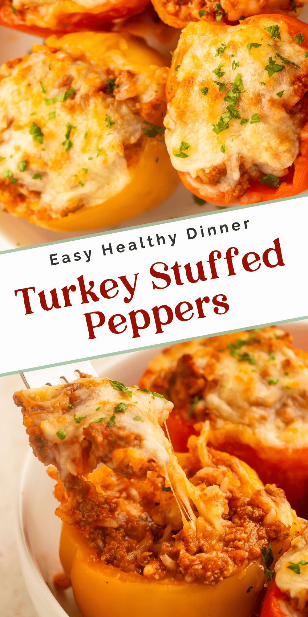 Pinterest pin collage highlighting cheesy turkey stuffed peppers with close-up images of the filling and melted cheese.