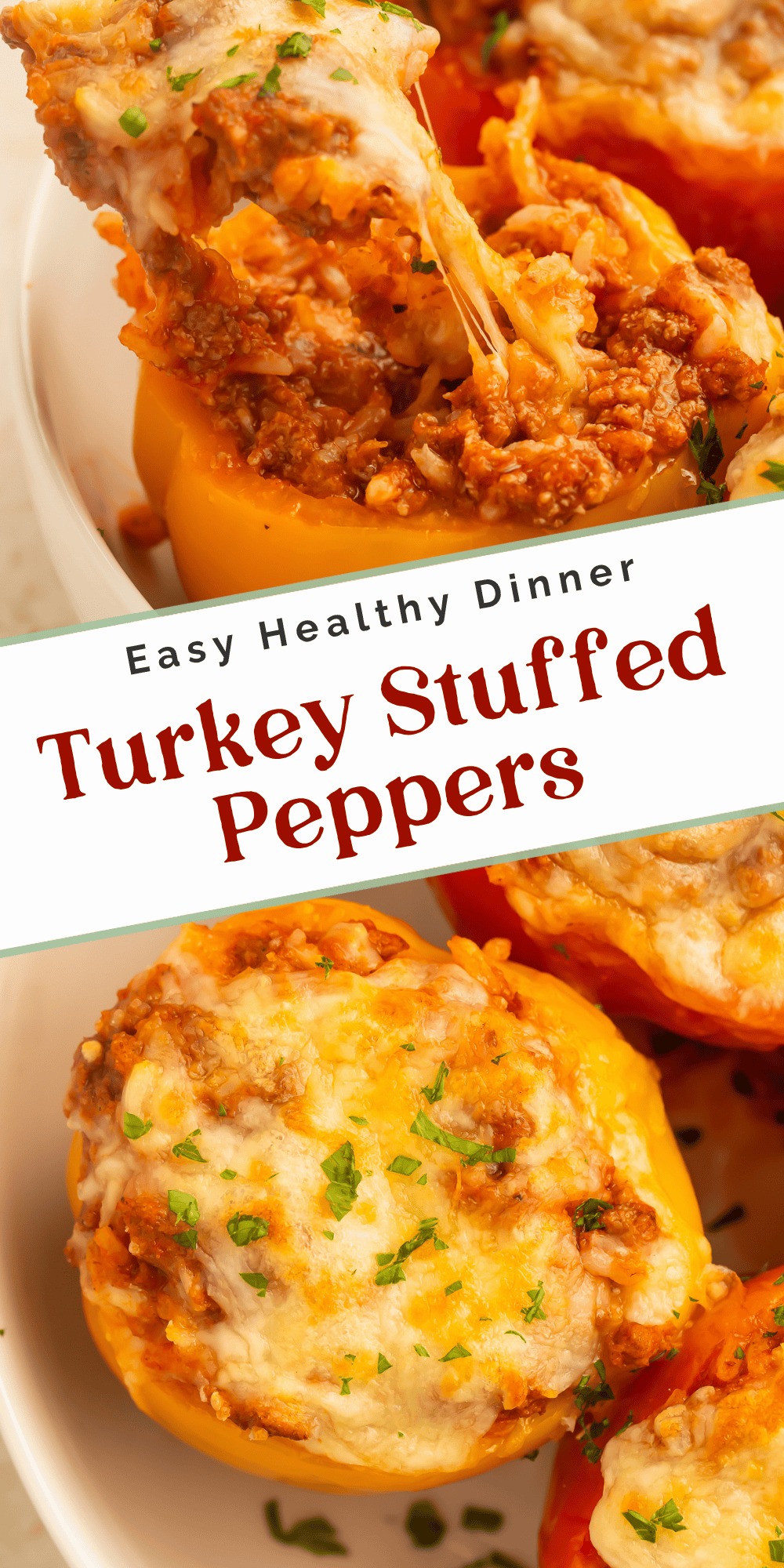 Pinterest pin featuring close-up images of cheesy turkey stuffed peppers with a fork lifting a bite and colorful baked bell peppers