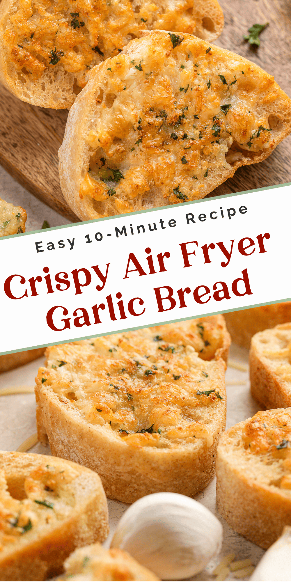 Crispy air fryer garlic bread ready in 10 minutes, topped with parrmesan cheese and parsley.