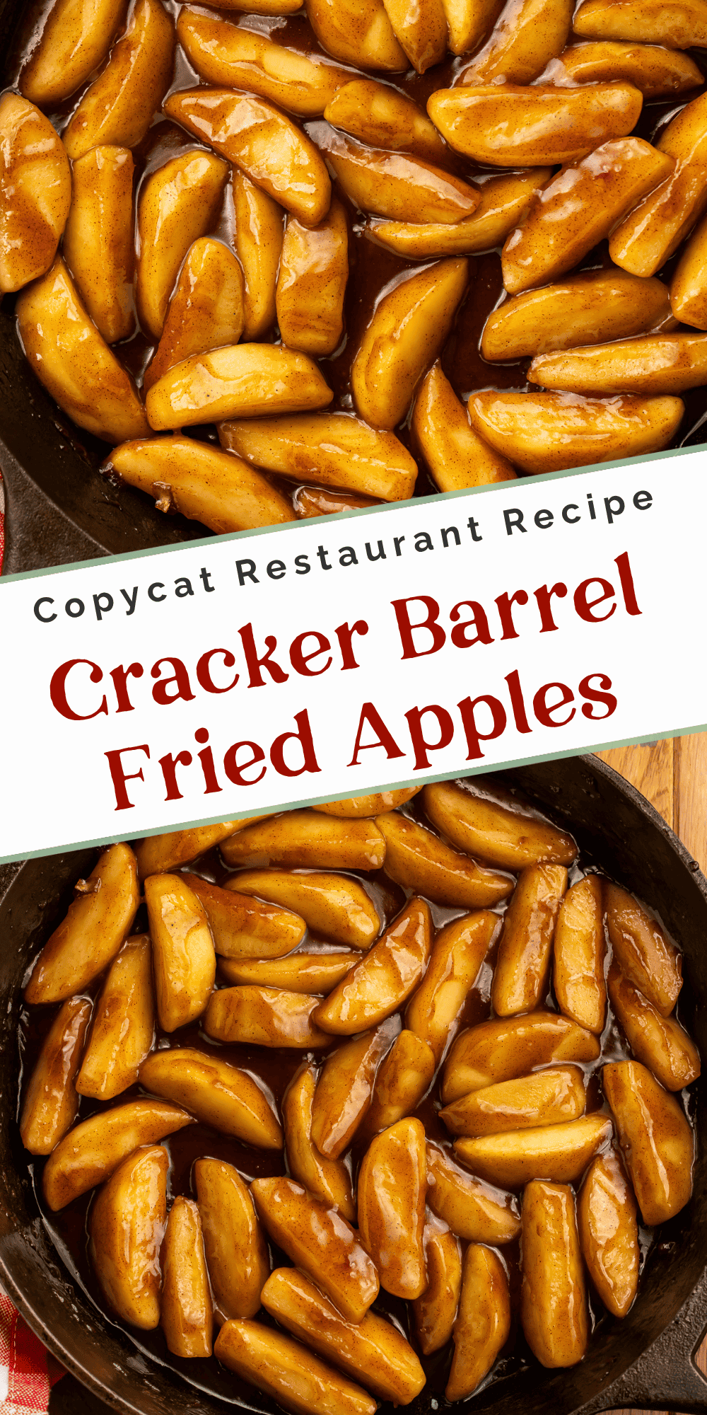 Copycat restaurant recipe for Cracker Barrel fried apples shown in a skillet.