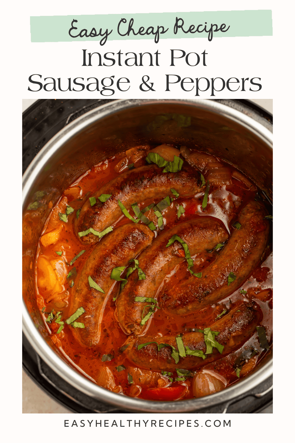 Instant Pot sausage and peppers with browned Italian sausage in tomato sauce with peppers and onions.