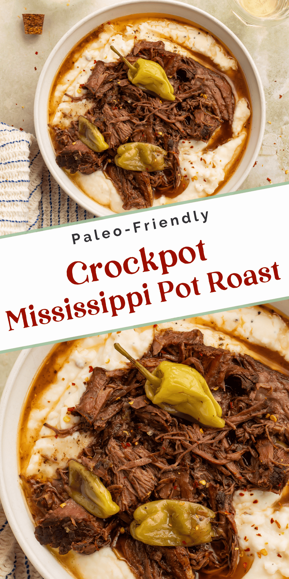 Paleo Crockpot Mississippi Pot Roast with tender shredded beef and whole pepperoncini over mashed potatoes.