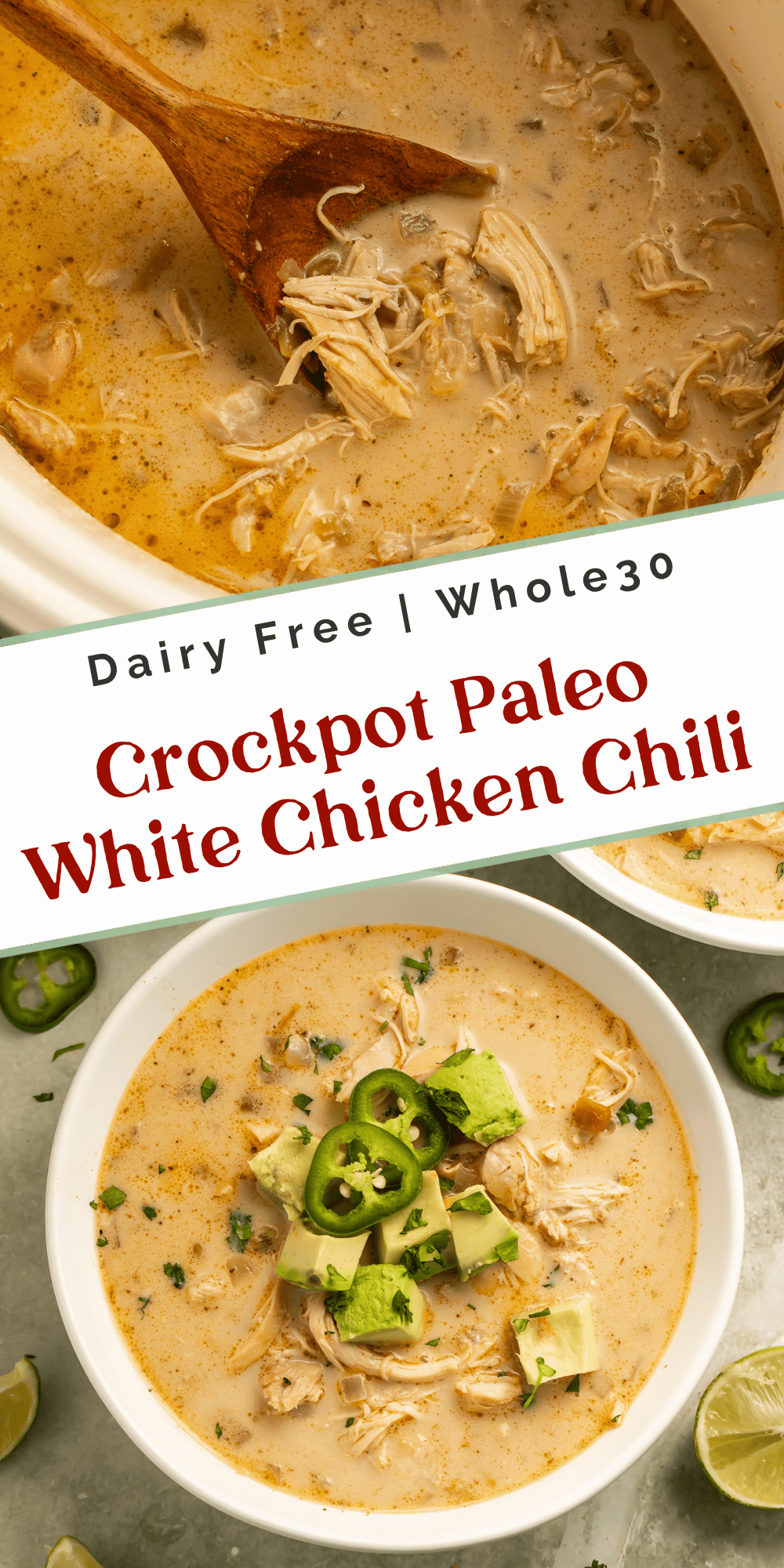 Paleo white chicken chili shown in the Crockpot and served in a bowl with avocado chunks, jalapeño slices, and cilantro.
