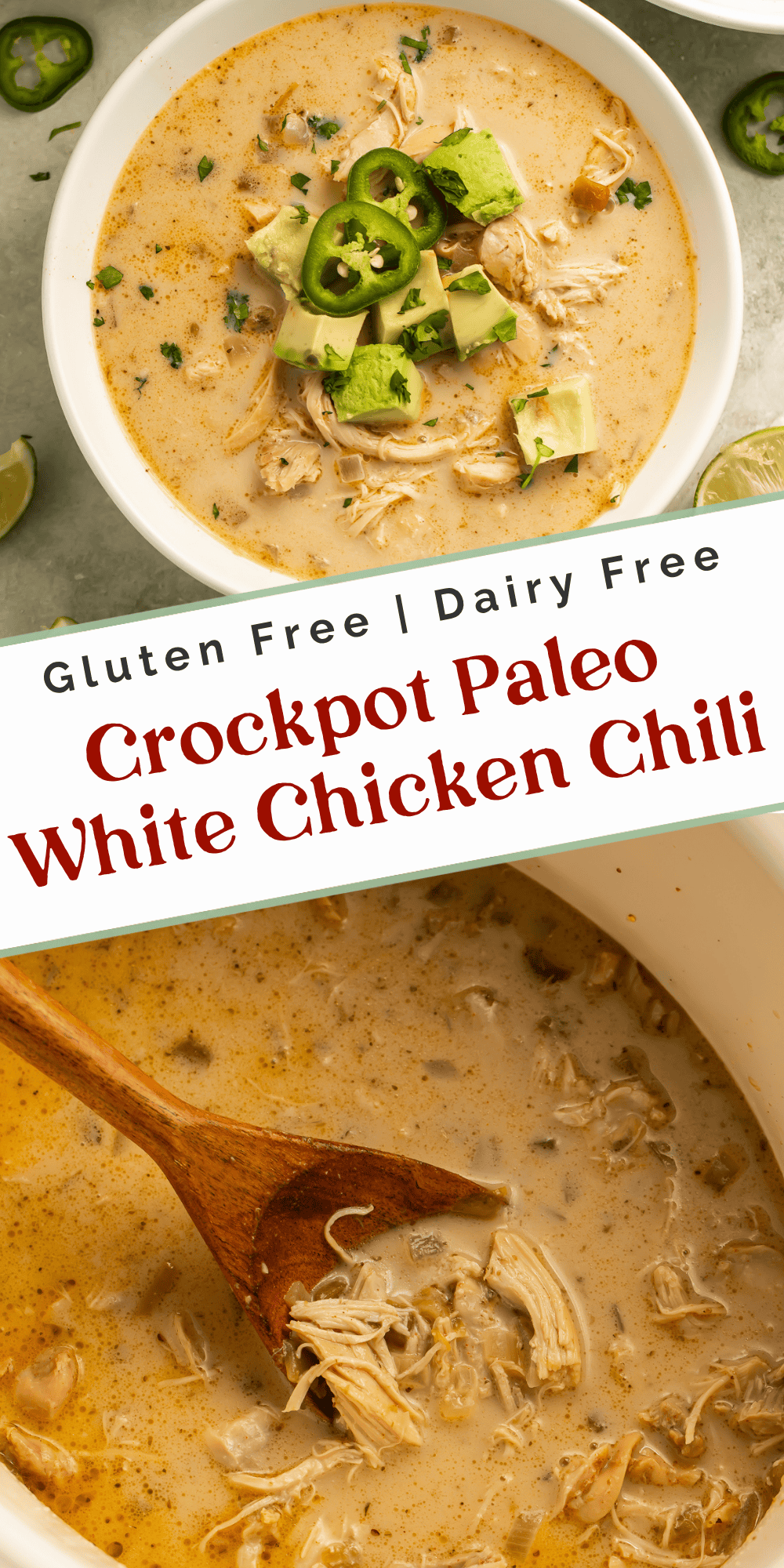 Creamy paleo white chicken chili topped with avocado and jalapeño, paired with a close-up of shredded chicken in the slow cooker.