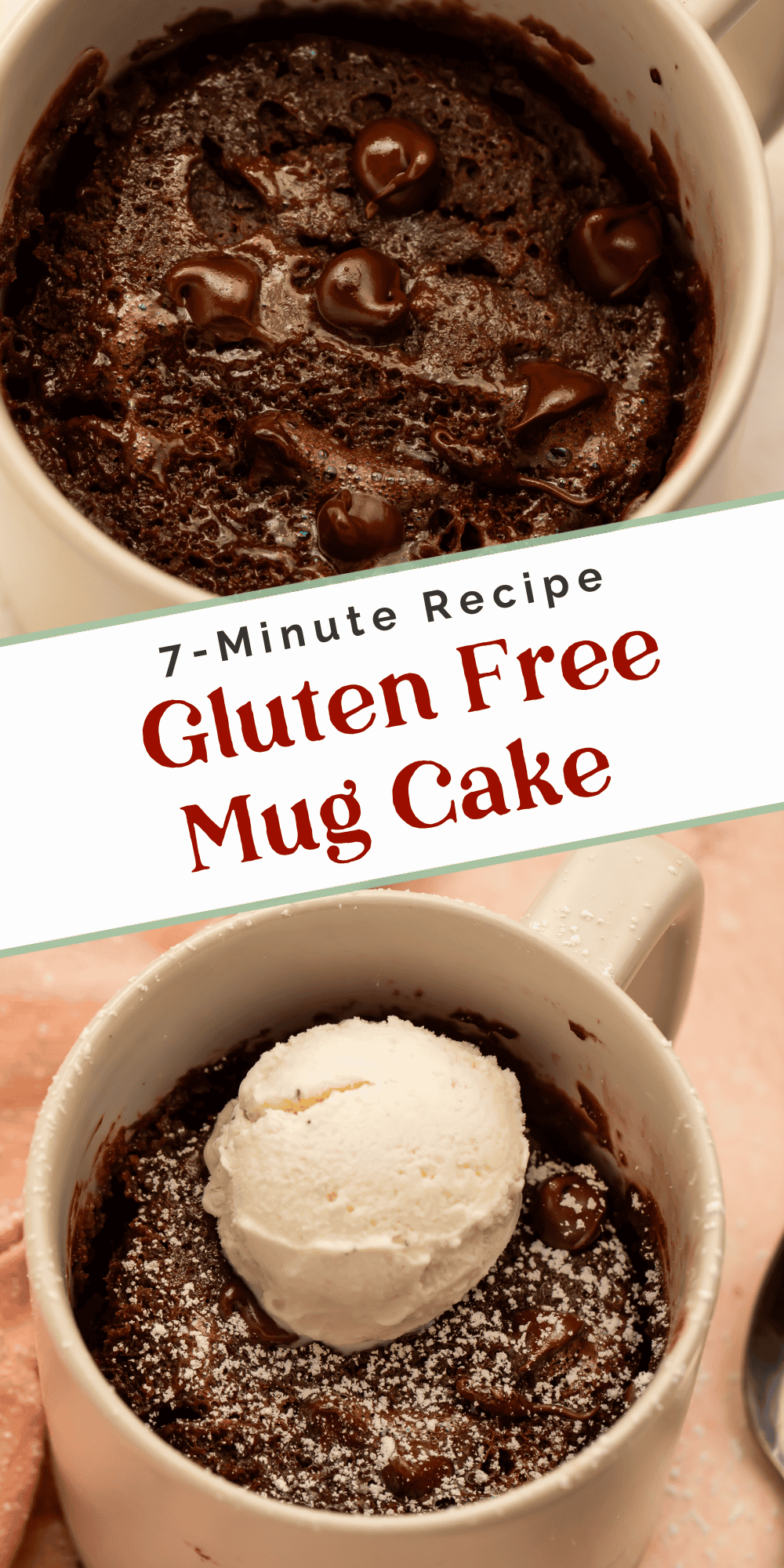 Gluten-free chocolate mug cake with chocolate chips and vanilla ice cream, labeled 7-minute recipe.