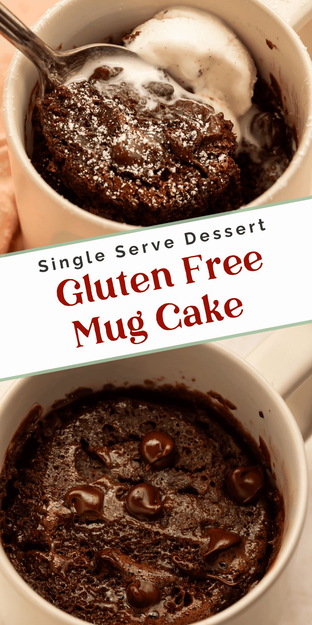 Gluten-free chocolate mug cake shown plain and with a spoonful beside vanilla ice cream, labeled single-serve dessert.