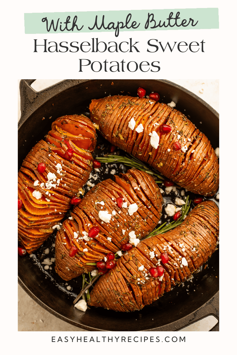 Hasselback sweet potatoes with maple butter, rosemary, feta, and pomegranate.