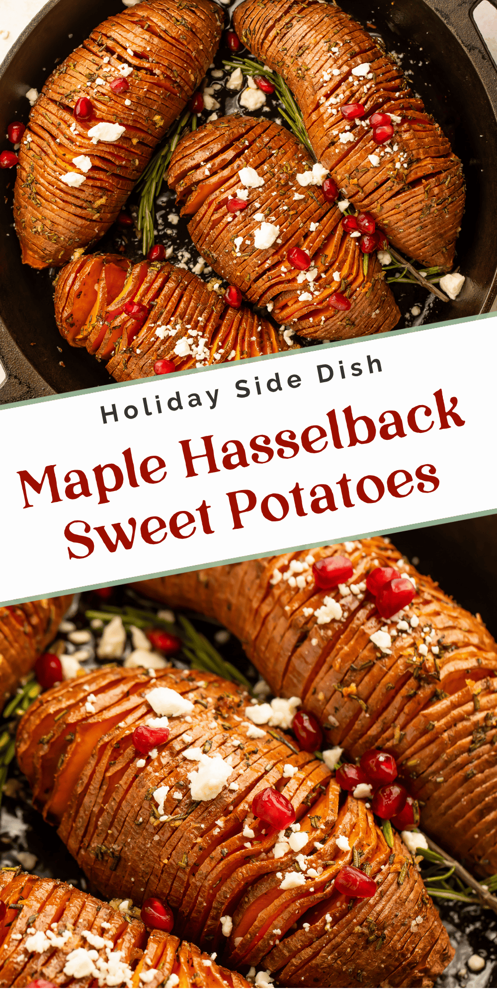 Maple hasselback sweet potatoes with feta and pomegranate seeds.