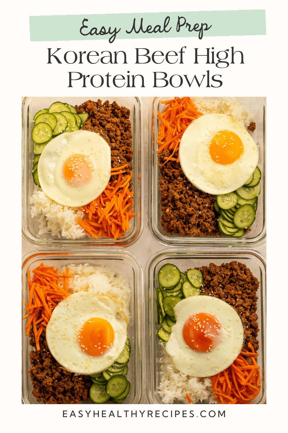 Easy Korean beef high-protein meal prep bowls showing four prepared containers.