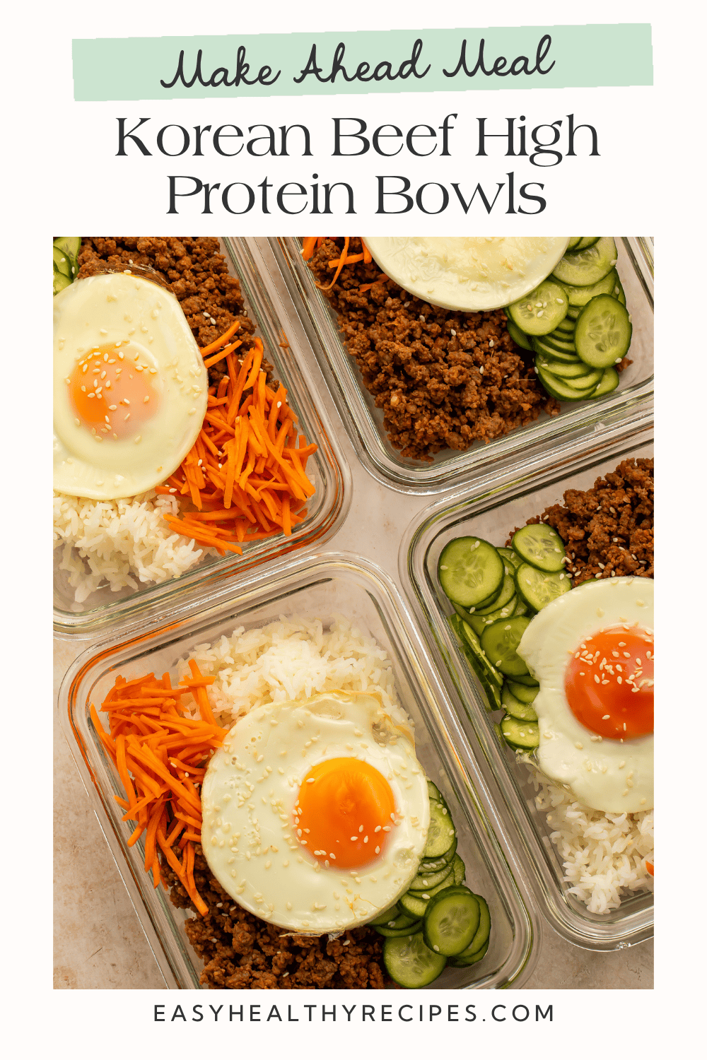 Make-ahead Korean beef bowls showing several colorful meal prep containers.