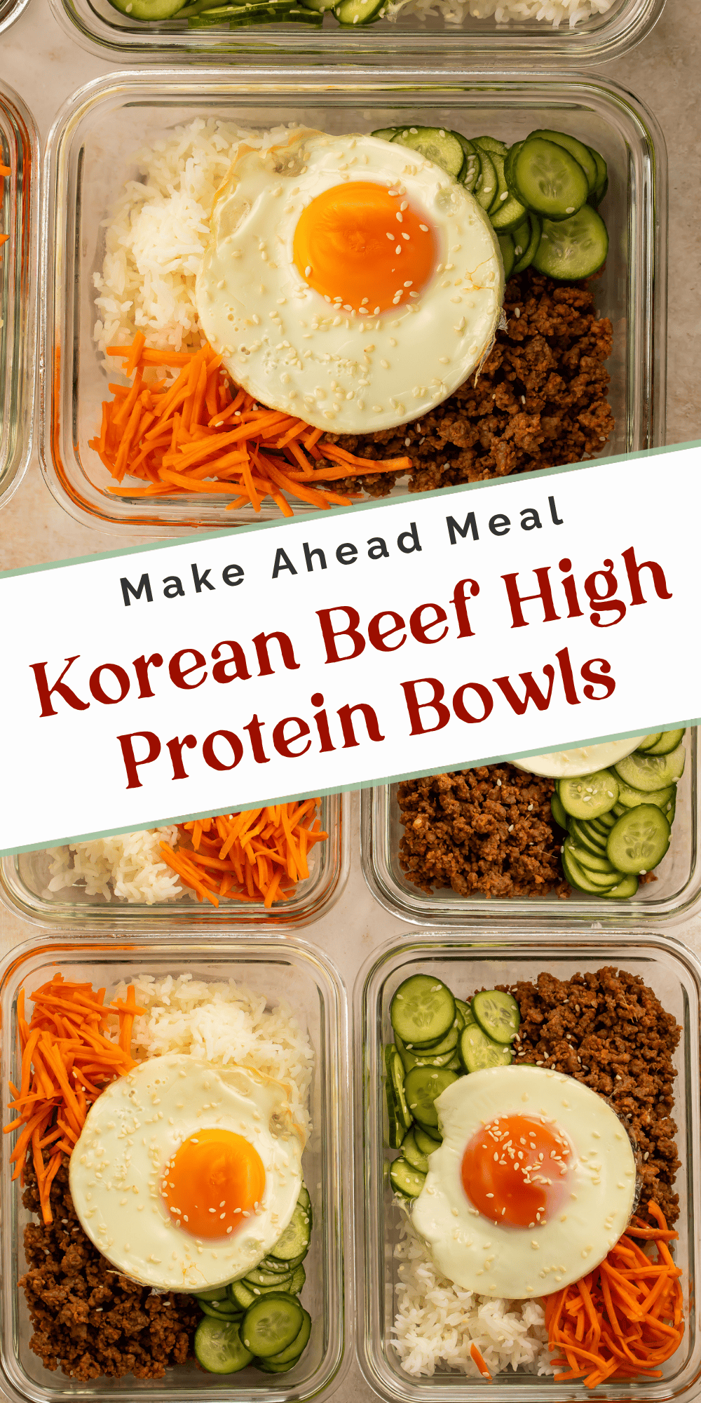 Make Ahead Meal Korean Beef High Protein Bowls over four prepared bowls.
