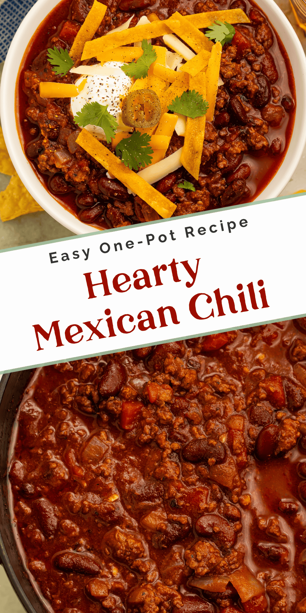 Mexican chili served with tortilla strips, sour cream, cheese, and cilantro, above a close-up of the beef and bean chili.