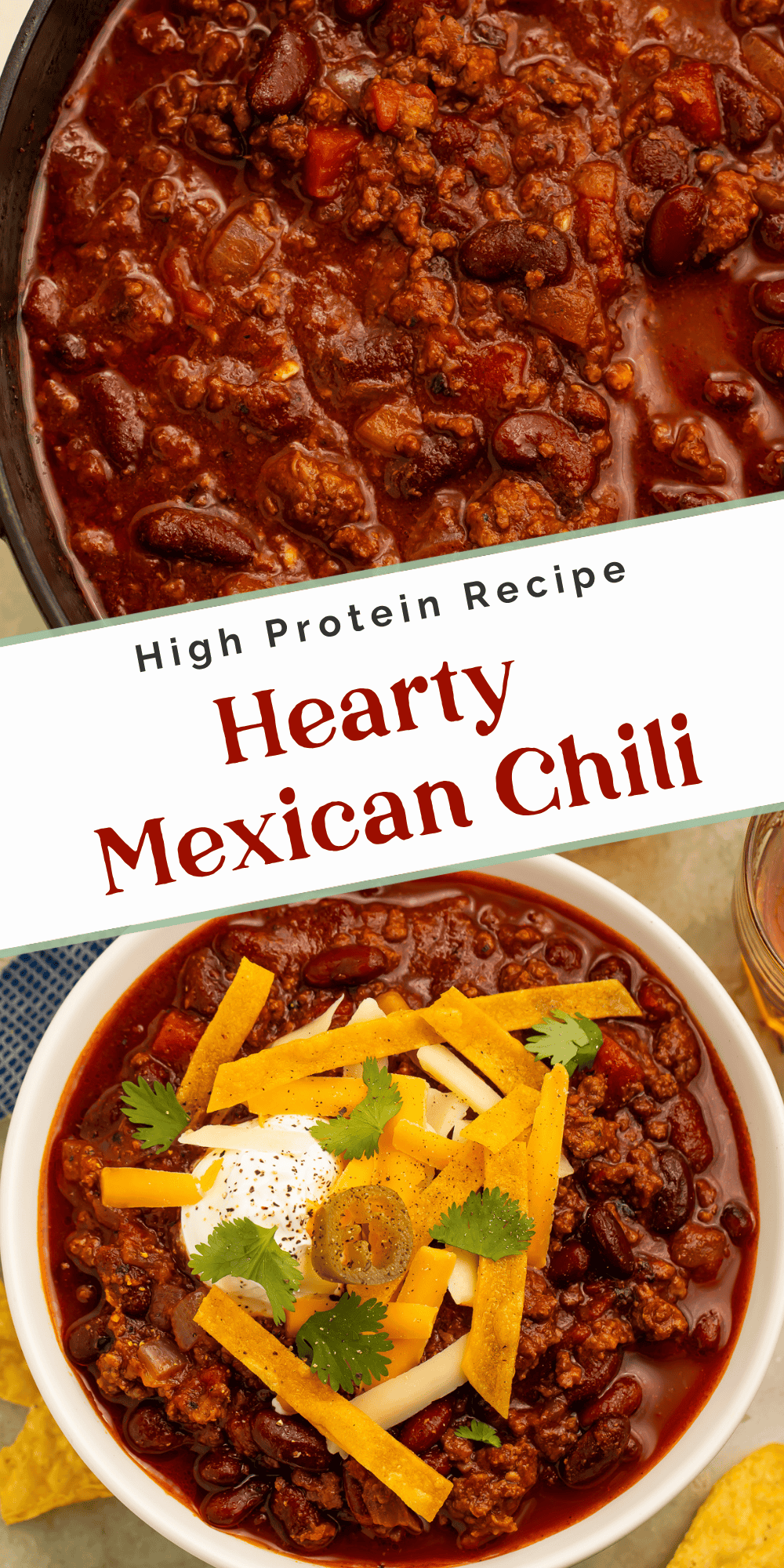 Chunky Mexican chili in a pot, paired with a bowl topped with tortilla strips, cheese, sour cream, cilantro, and jalapeño.
