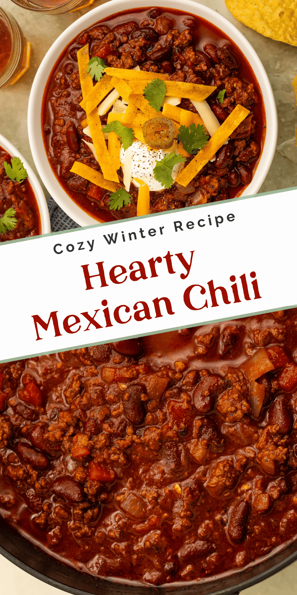 Overhead view of Mexican chili topped with tortilla strips and sour cream, with a close-up showing kidney beans and ground meat.