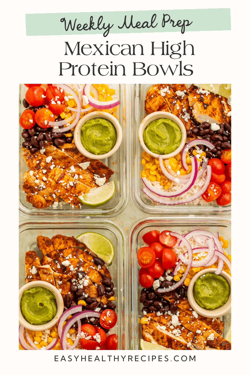 Four chicken bowls with rice, black beans, corn, and guacamole
