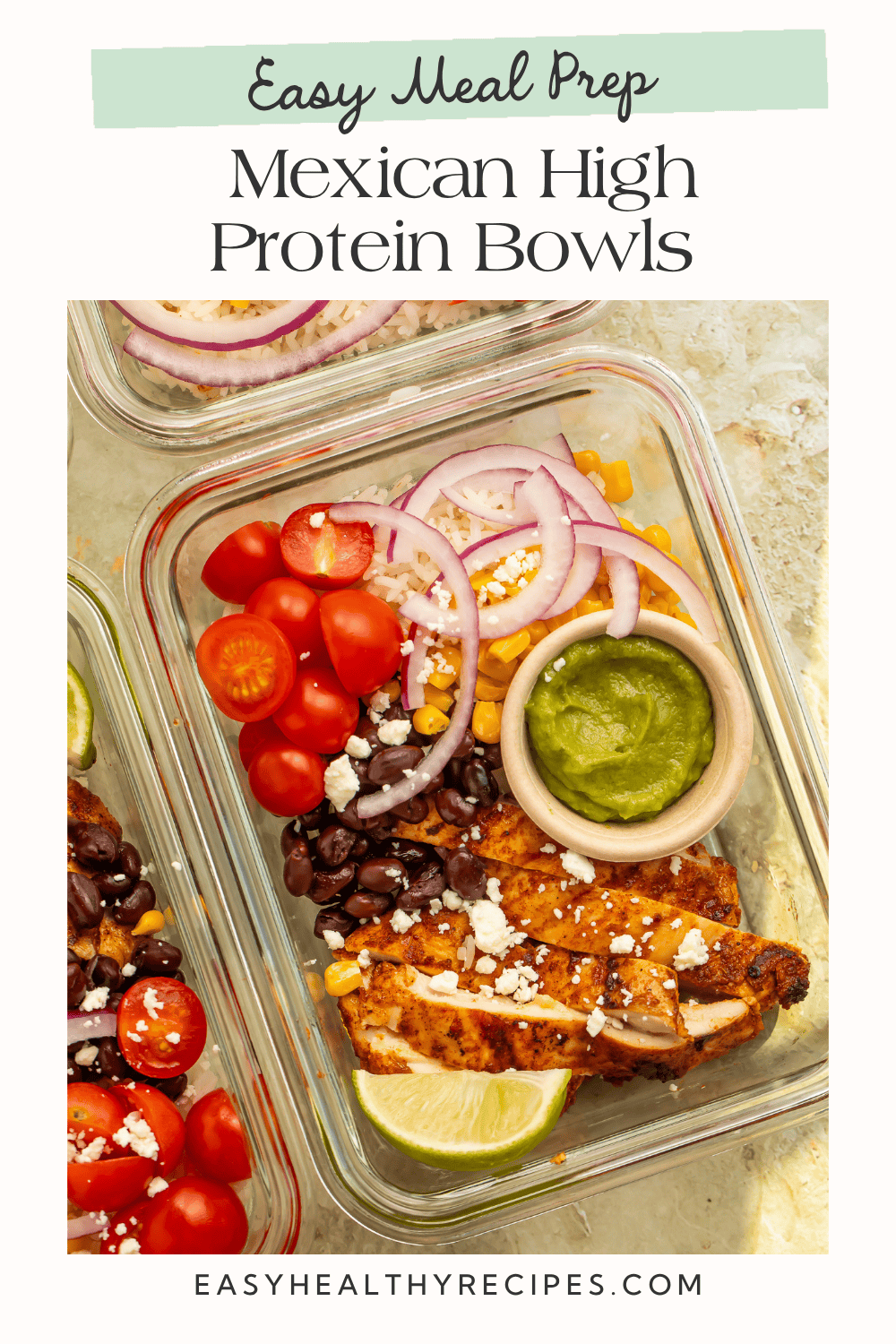 Chicken, rice, black beans, tomatoes, and guacamole in a glass container.