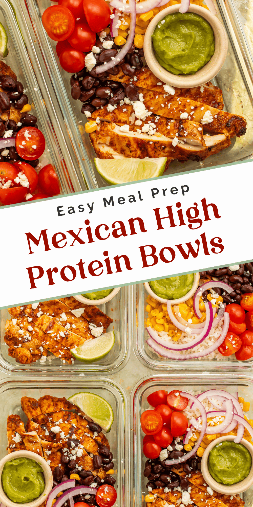 Collage of sliced chicken and loaded meal prep containers with fresh toppings.
