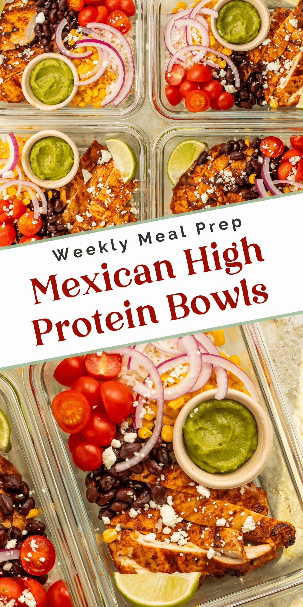 Four chicken meal prep bowls above a close-up of one serving.