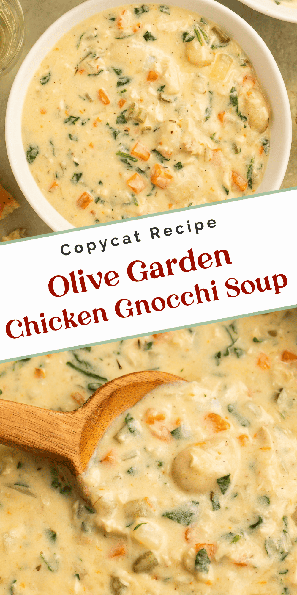 Copycat Olive Garden chicken gnocchi soup shown in a bowl and on a wooden spoon.
