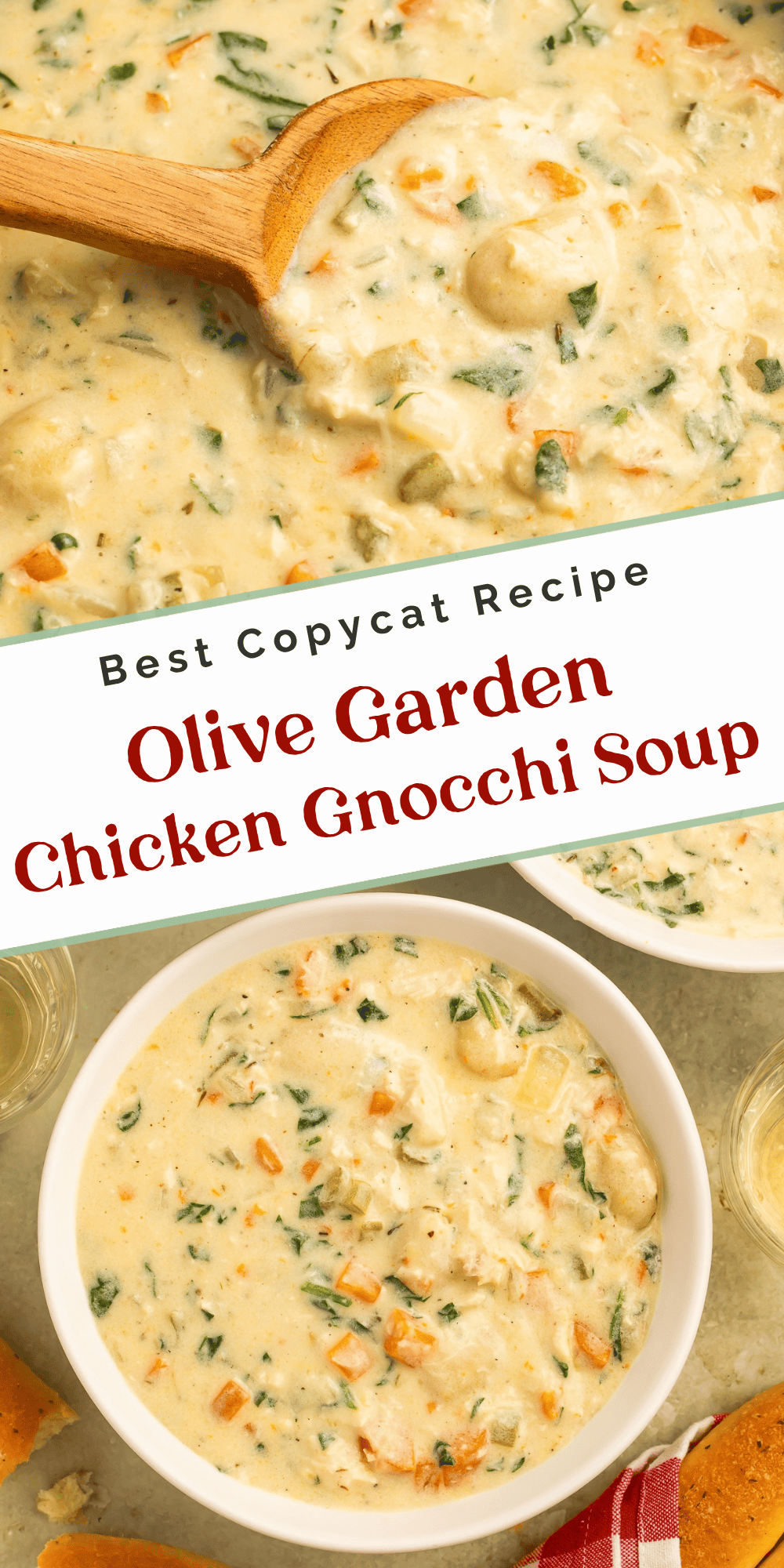 Creamy chicken gnocchi soup with vegetables, shown by the spoonful and served with breadsticks.
