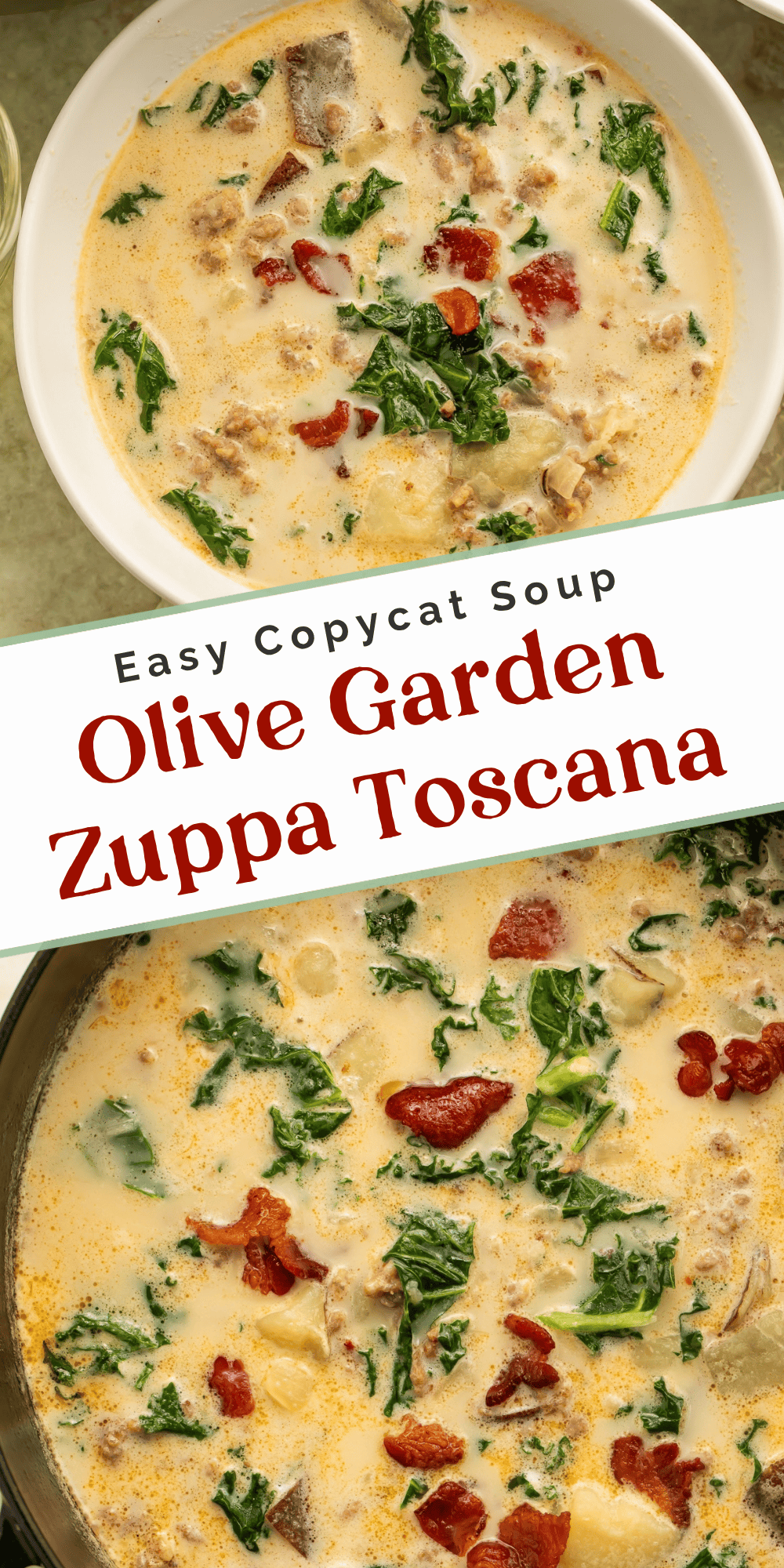 Bowl and pot of Olive Garden copycat zuppa toscana with creamy broth, crumbled Italian sausage, potatoes, kale, and bacon