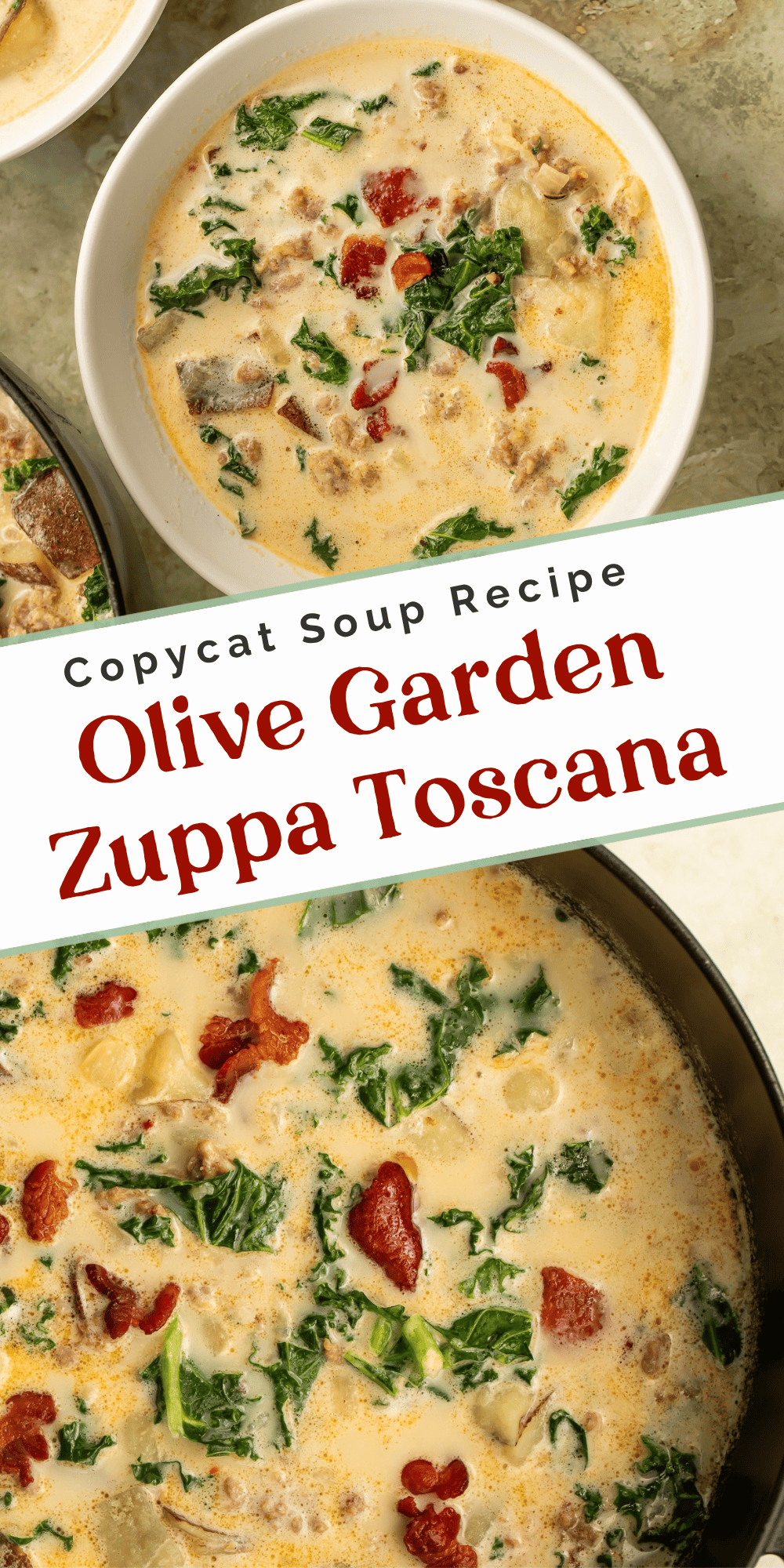 Overhead views of Olive Garden copycat zuppa toscana in a white bowl and black pot, filled with sausage, potatoes, bacon, and kale.