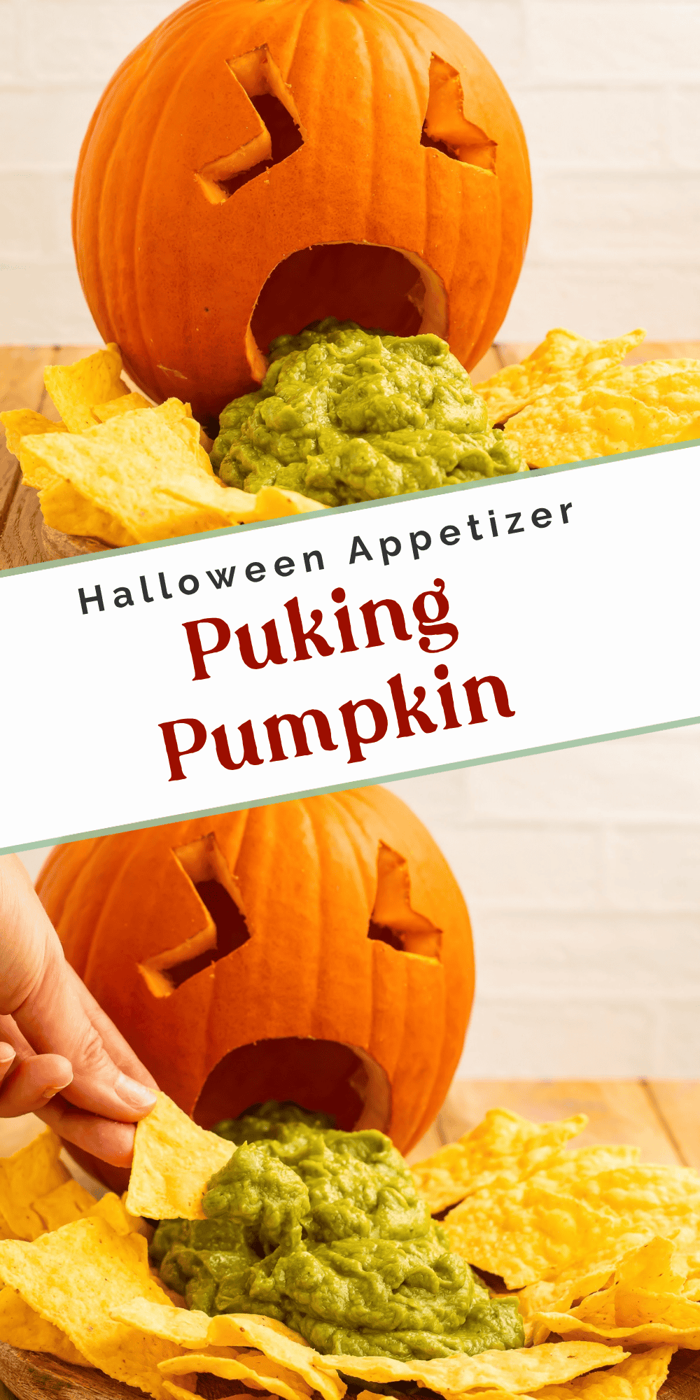 Two photos of a pumpkin spilling guacamole, including a hand scooping dip with a chip.