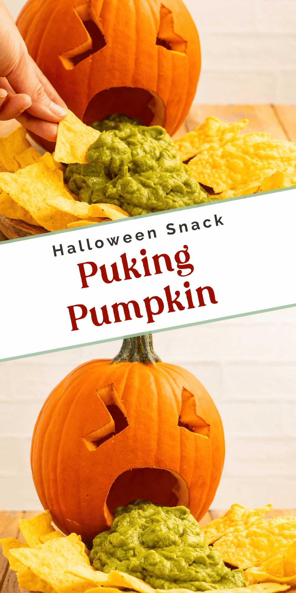 Two-photo collage showing a chip dipped in guacamole and the full puking pumpkin display.