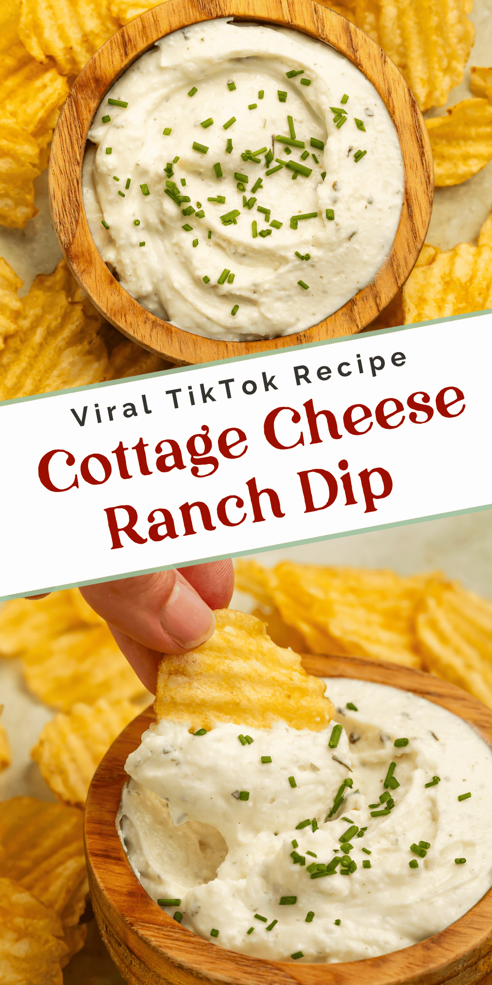 Cottage cheese ranch dip above a close-up of a chip dipping into it.