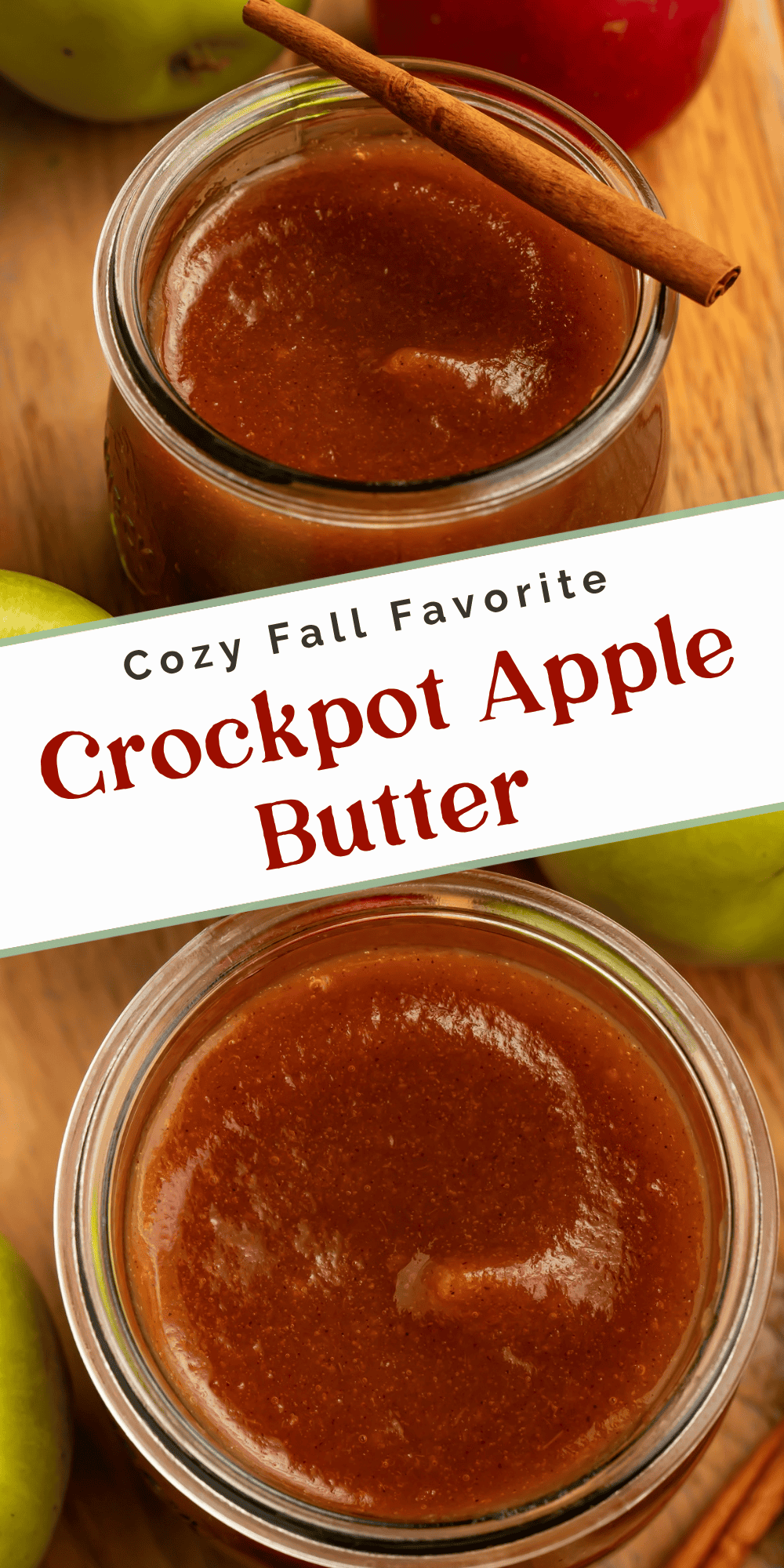 Rich brown crockpot apple butter pictured in two close-up views, with a cinnamon stick and fresh apples.