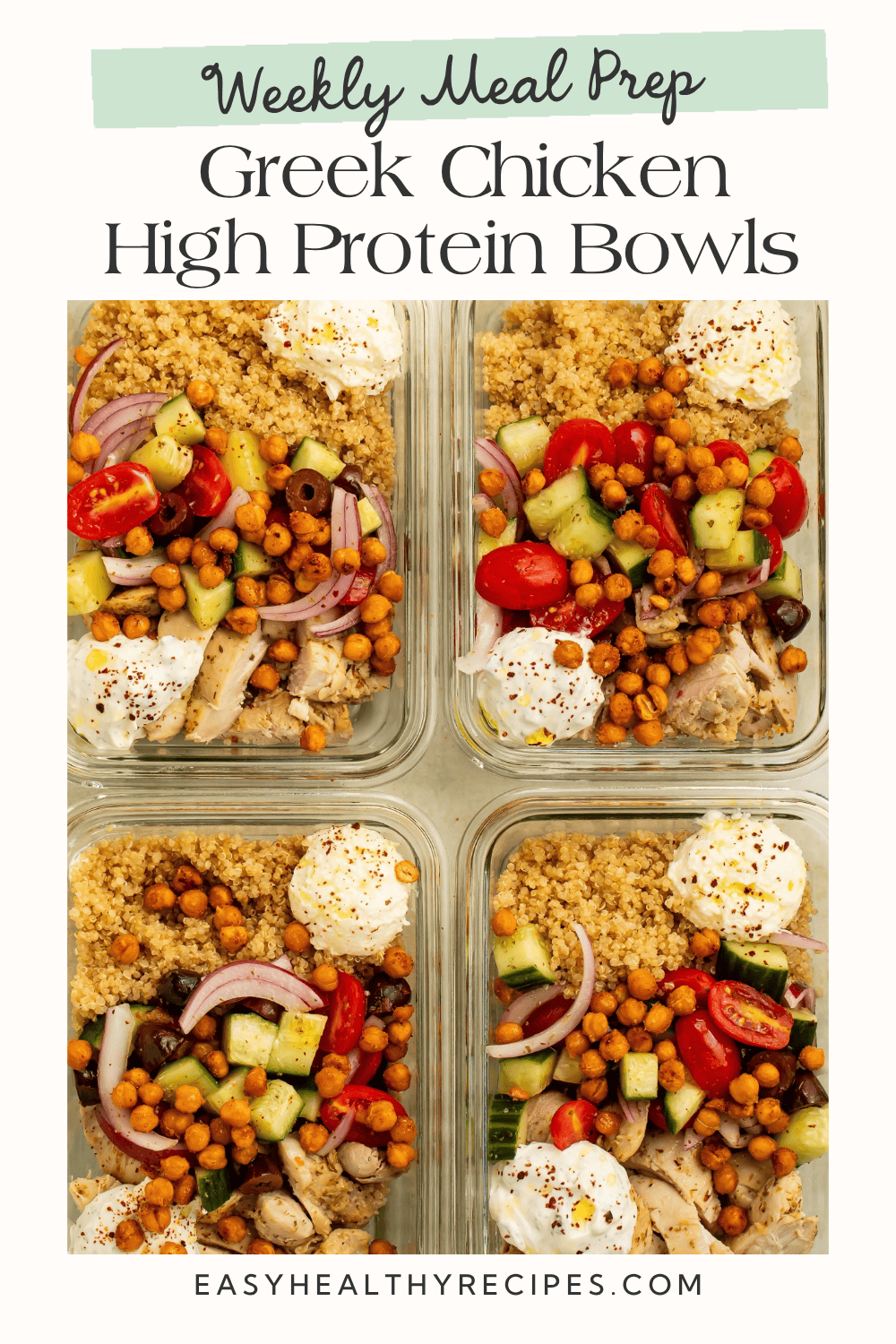 Four Greek chicken bowls with farro, vegetables, chickpeas, and creamy toppings