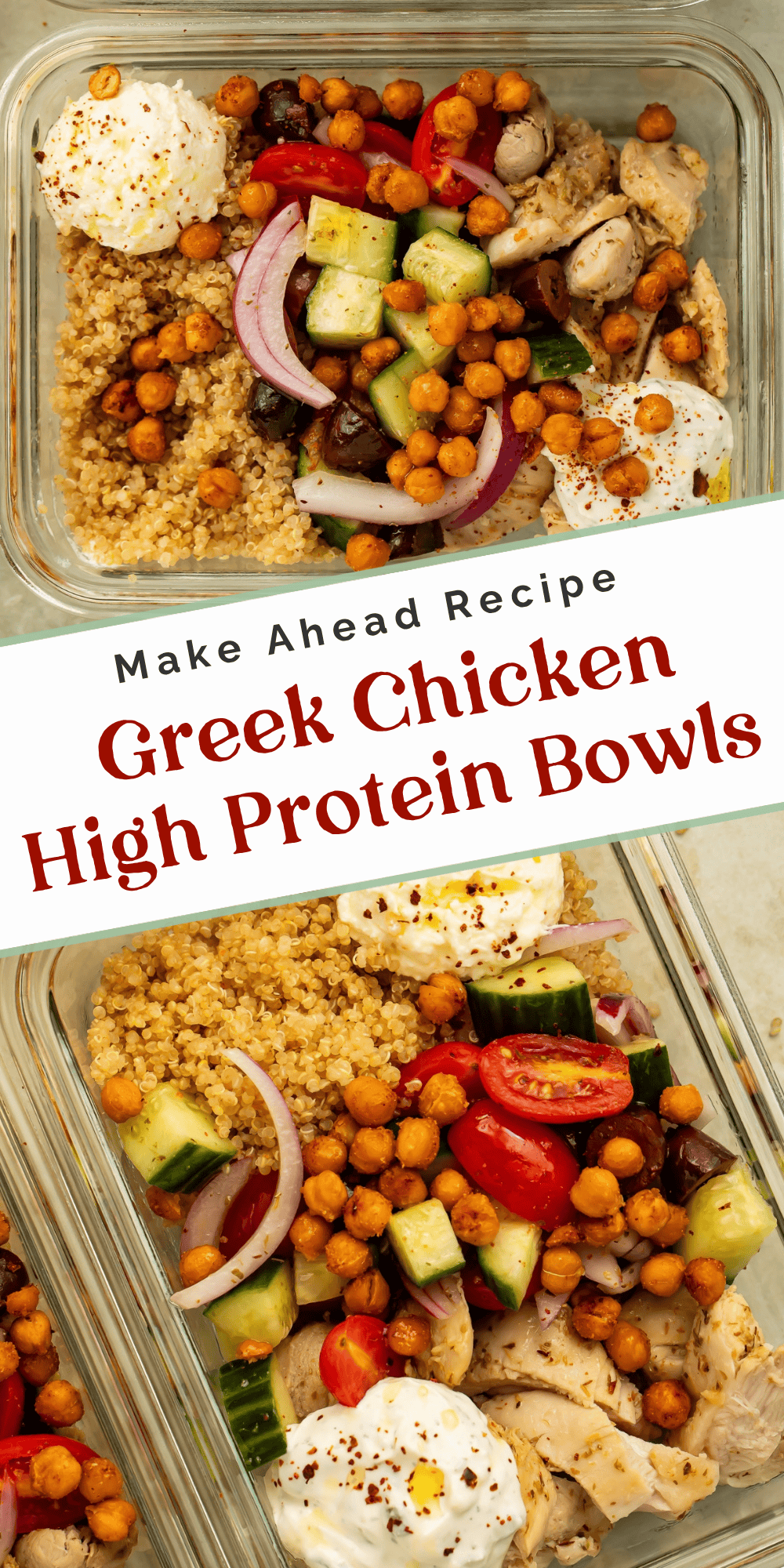 Two close-up views of Greek chicken bowls with farro, cucumber salad, and chickpeas.